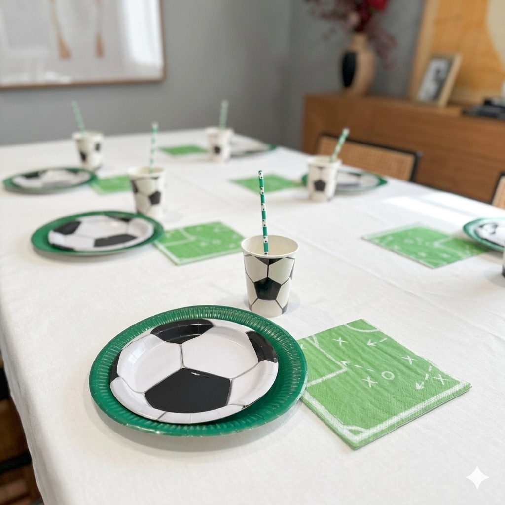 Mesa de fiesta infantil decorada con la temática de fútbol, mostrando platos, vasos de balones y servilletas verdes ordenadas de forma profesional sobre un mantel blanco liso.