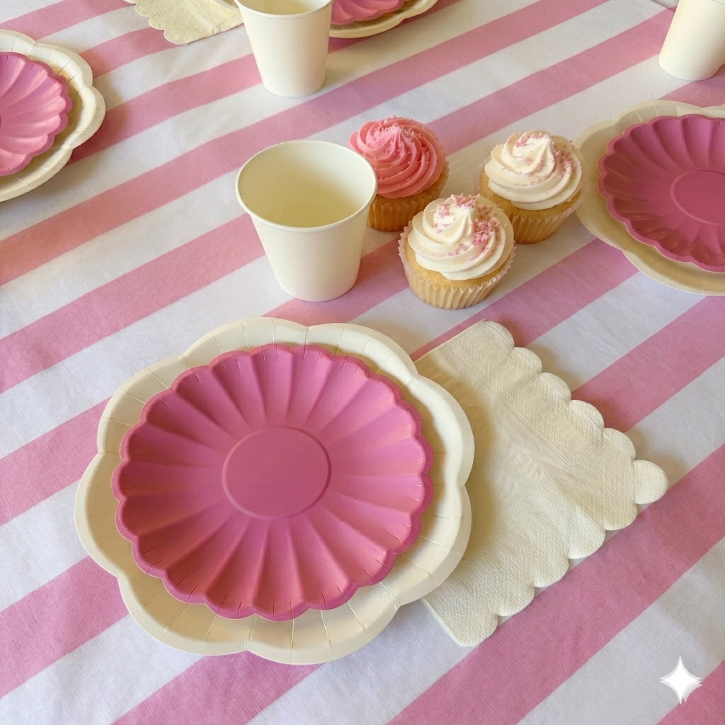 Vista en ángulo de un servicio de mesa para cumpleaños infantil con platos rosa pastel, un vaso de papel y tres cupcakes con cobertura de crema rosa y blanca decorados con virutas en el centro.