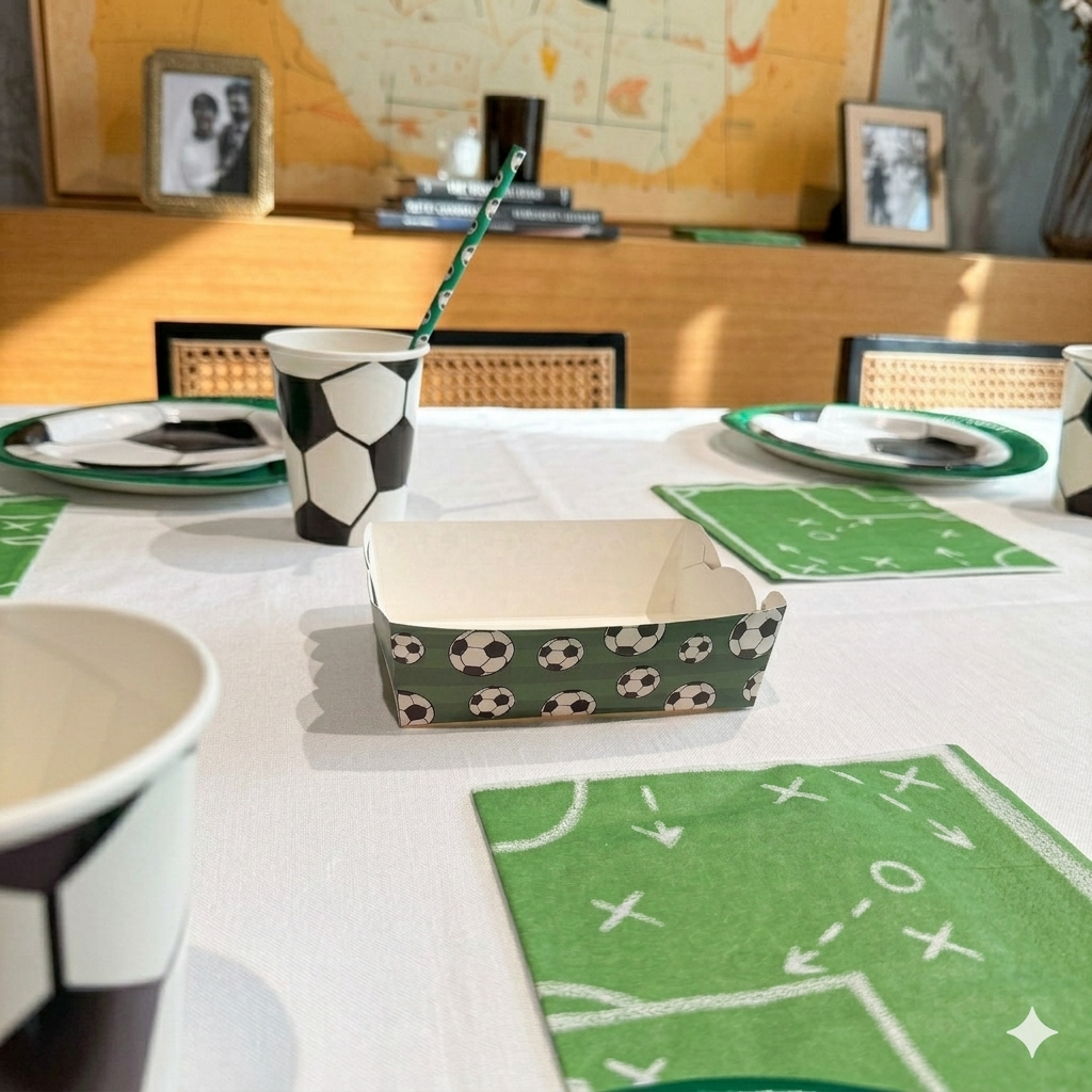 Decoración de mesa para fiesta infantil de fútbol con platos de balones, vasos a juego y servilletas que imitan un campo de juego con tácticas sobre una mesa elegante de fondo desenfocado.