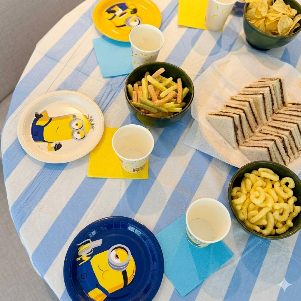 Decoración de mesa para fiesta infantil de los Minions con platos de papel, vasos, servilletas y boles de aperitivos con patatas fritas y sándwiches sobre un mantel a rayas.
