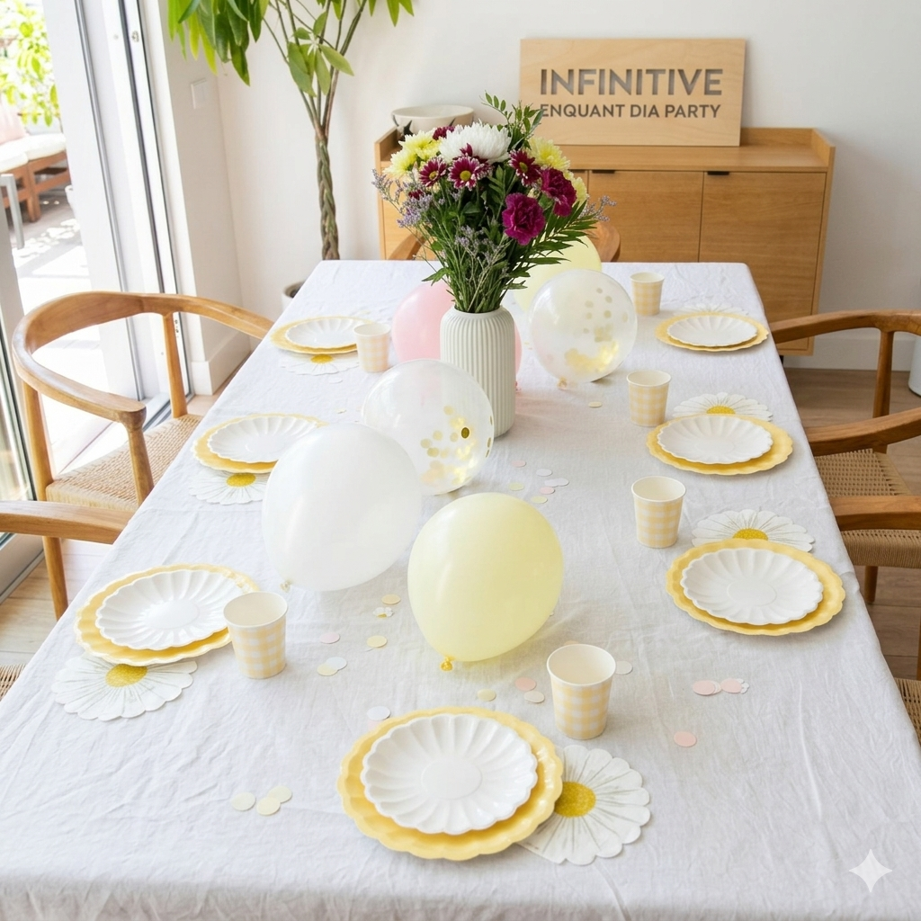 Mesa de celebración decorada con el kit El Jardín de las Margaritas; ideal para baby showers y meriendas de cumpleaños con estilo elegante y primaveral.