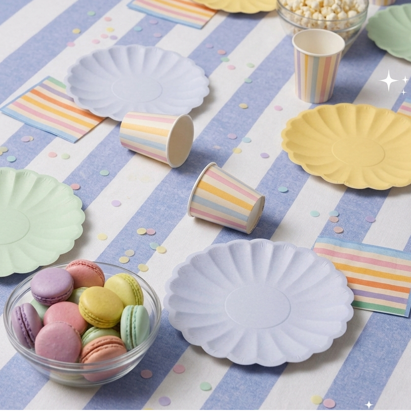 Primer plano angular de la mesa de cumpleaños con platos de papel verde menta y azul lavanda, vasos de rayas de colores pastel de pie, un cuenco con palomitas y otro con macarons, decorado con confeti delicado.