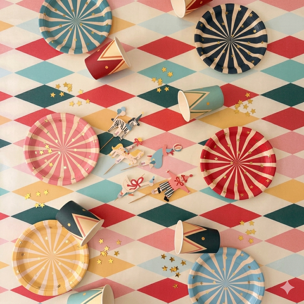 Kit de fiesta "El Gran Circo de Colores" con platos de rayas, vasos de domador y toppers de animales sobre mantel de rombos vintage.