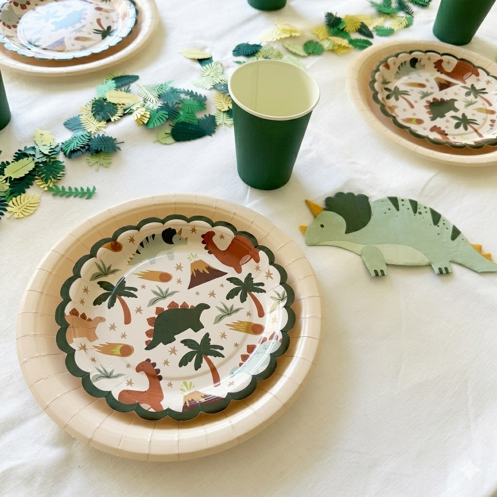 close-up of a stacked dinosaur themed plate and green cup with a triceratops shaped cutout plate next to it