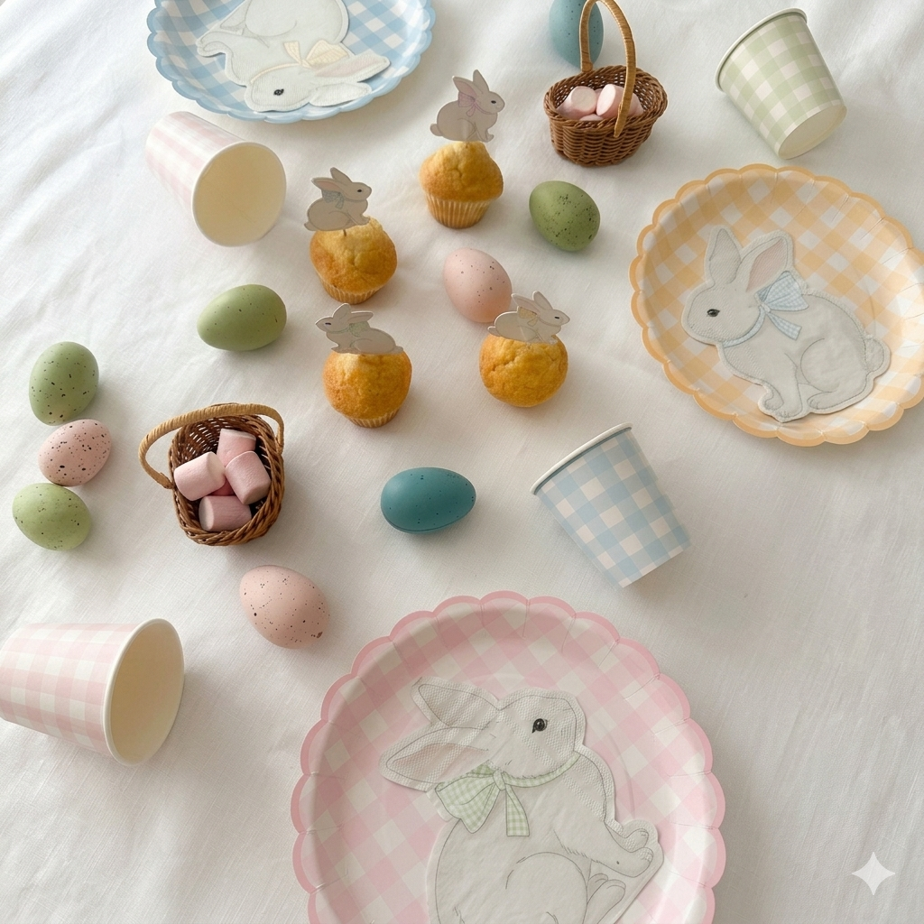 Kit de decoración de mesa para fiestas infantiles temáticas El Jardín del Conejo, vajilla de papel premium en colores pastel vichy y menaje elegante para cumpleaños de niños.