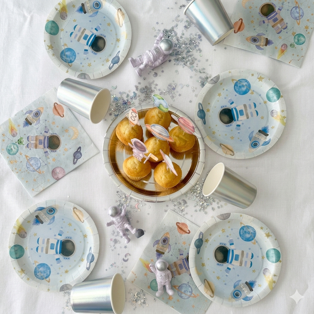 Decoración completa para fiesta de cumpleaños temática espacial con platos de astronautas, vasos plateados, servilletas de cohetes y figuras de astronautas.