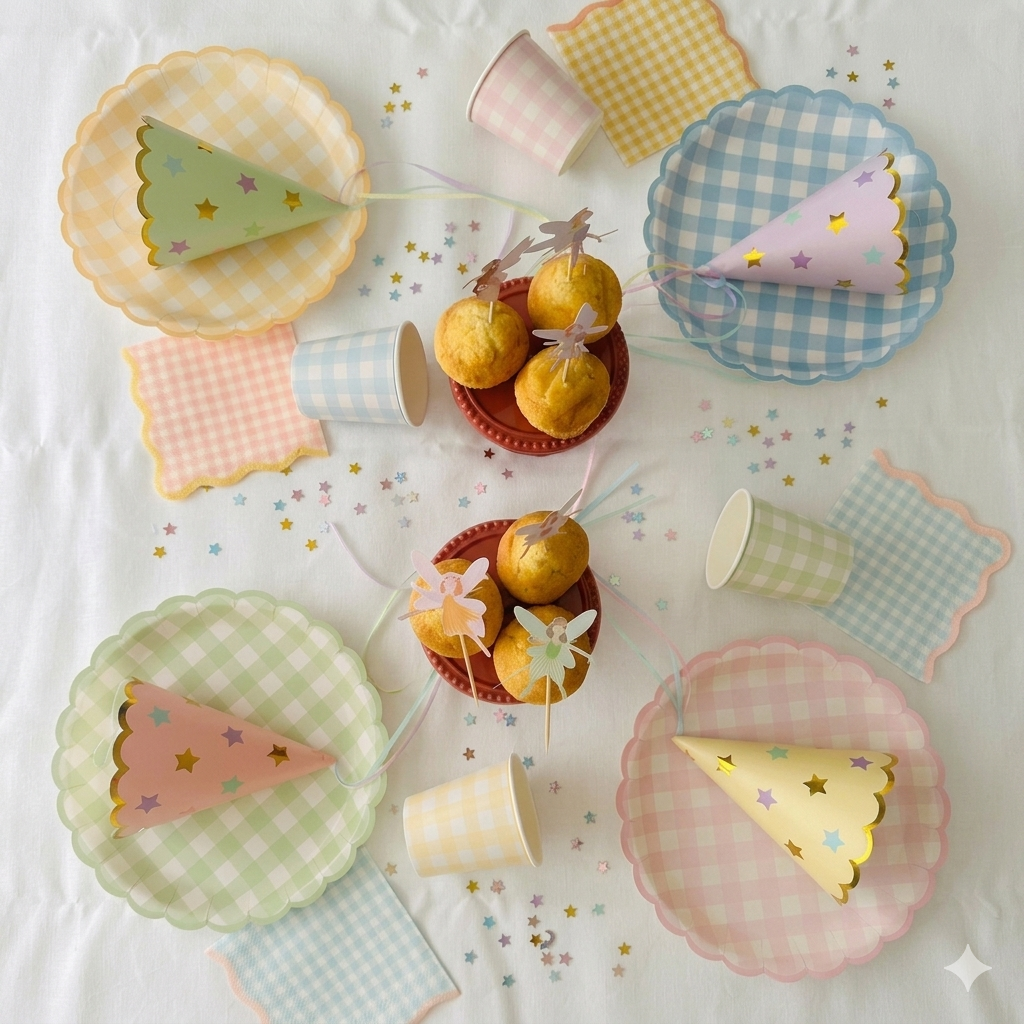 Set completo de decoración para fiesta de hadas y princesas con platos de cuadros vichy pastel, vasos, servilletas, gorritos de fiesta y confeti de estrellas sobre un mantel blanco.