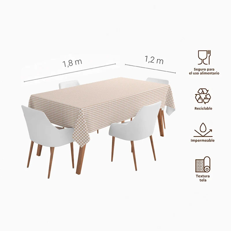 mantel de papel impermeable de vichy bege y blanco