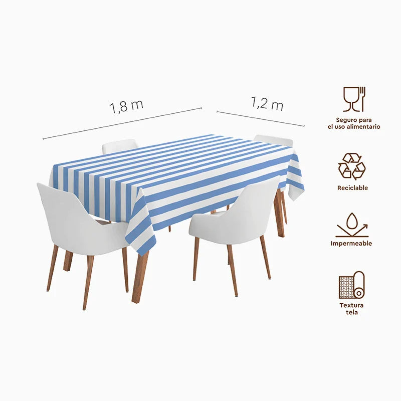 Infografía del mantel rosa a rayas mostrando sus medidas de 1,2 x 1,8 metros y propiedades: impermeable, reciclable y con textura efecto tela.