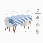 Infografía del mantel rosa a rayas mostrando sus medidas de 1,2 x 1,8 metros y propiedades: impermeable, reciclable y con textura efecto tela.