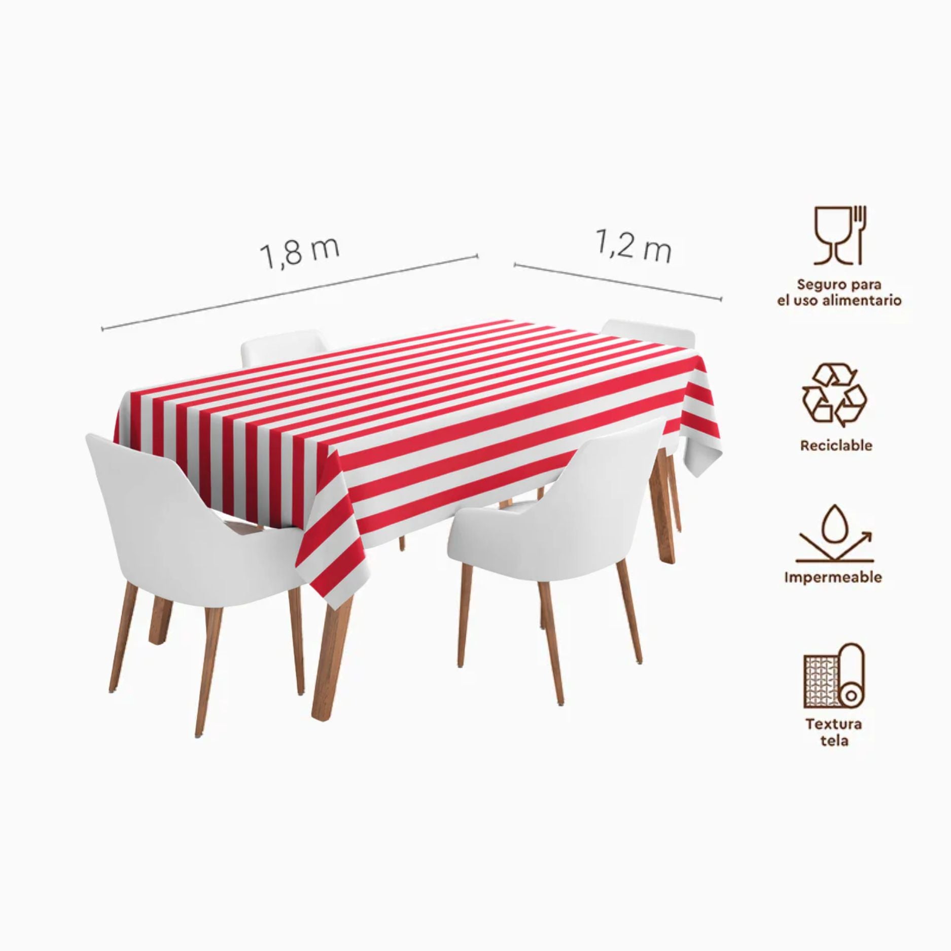 Infografía del mantel rosa a rayas mostrando sus medidas de 1,2 x 1,8 metros y propiedades: impermeable, reciclable y con textura efecto tela.