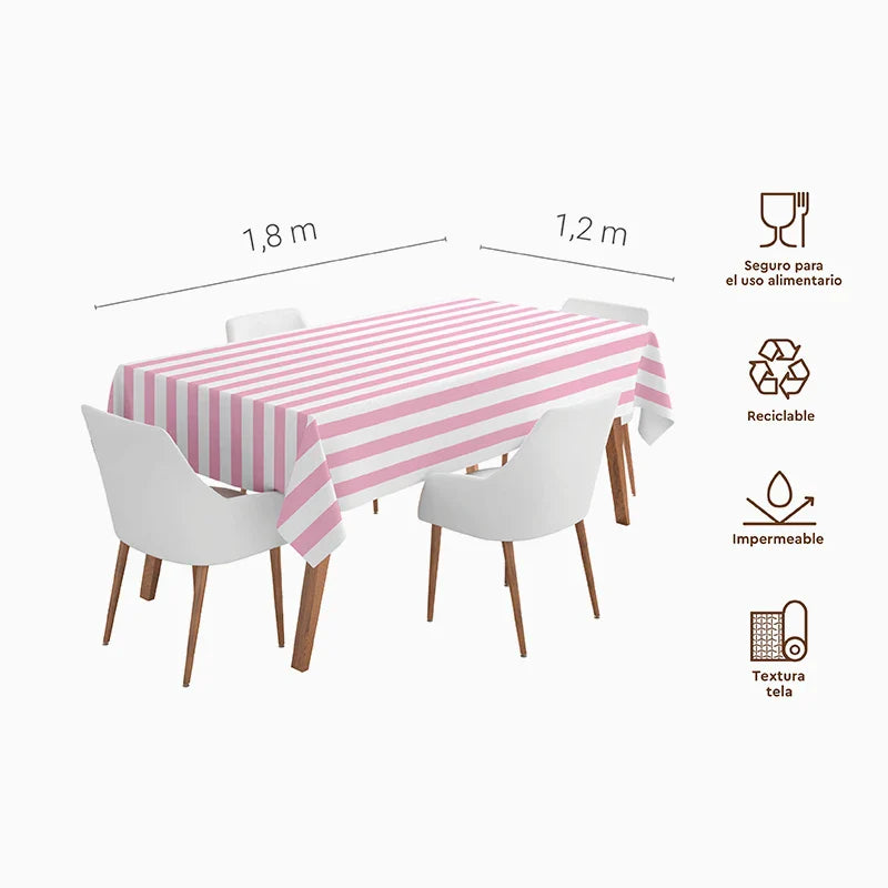 Infografía del mantel rosa a rayas mostrando sus medidas de 1,2 x 1,8 metros y propiedades: impermeable, reciclable y con textura efecto tela.