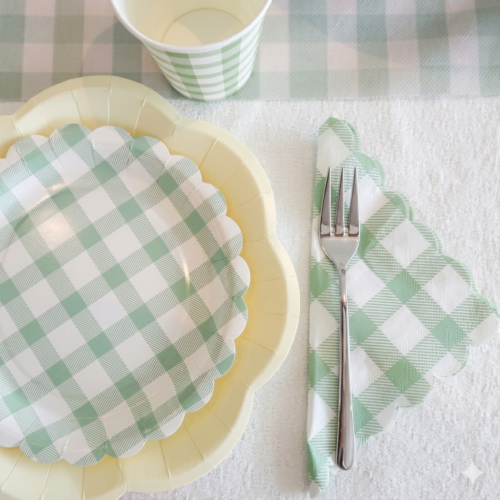 Detalle de plato ondulado crema y servilleta de cuadros vichy verde salvia con cubierto de acero sobre mantel de lino.