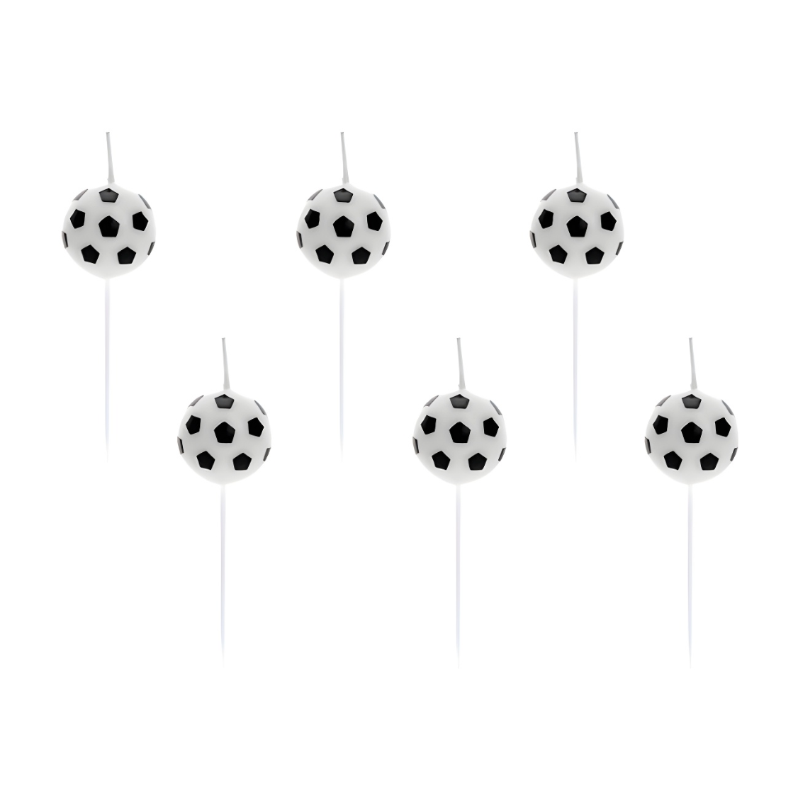 Set de seis velas de cumpleaños con forma de balón de fútbol Falula sobre fondo blanco, complemento de tarta.