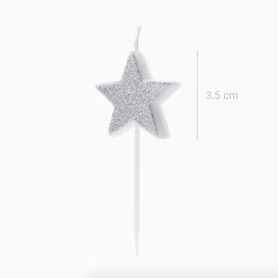 Velas de cumpleaños con forma de estrella y acabado brillante plateado sobre fondo blanco, 3,5cm
