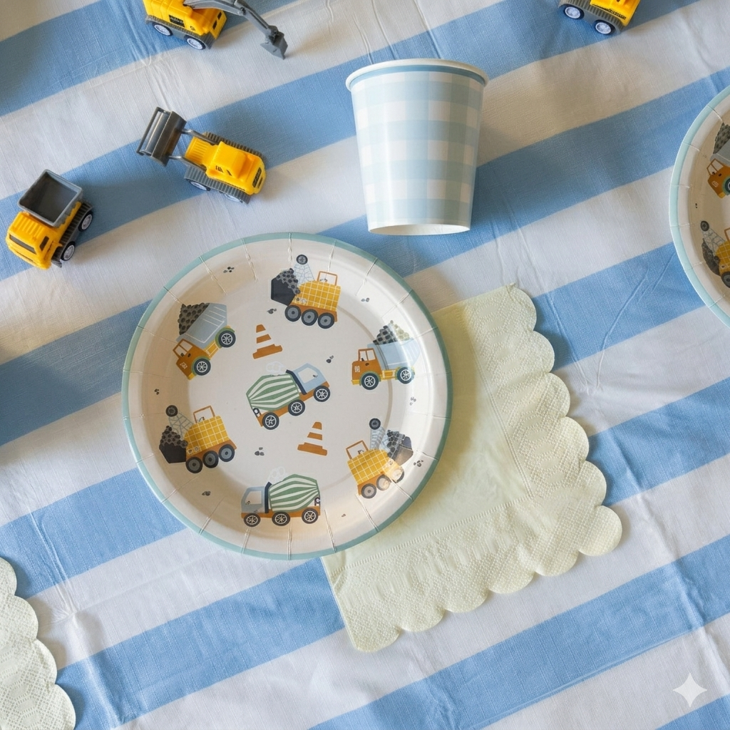 Primer plano de un plato de papel con temática de camiones de construcción, servilleta amarilla pastel con borde ondeado y vasos de cuadros azules sobre un mantel de rayas azul y blanco.
