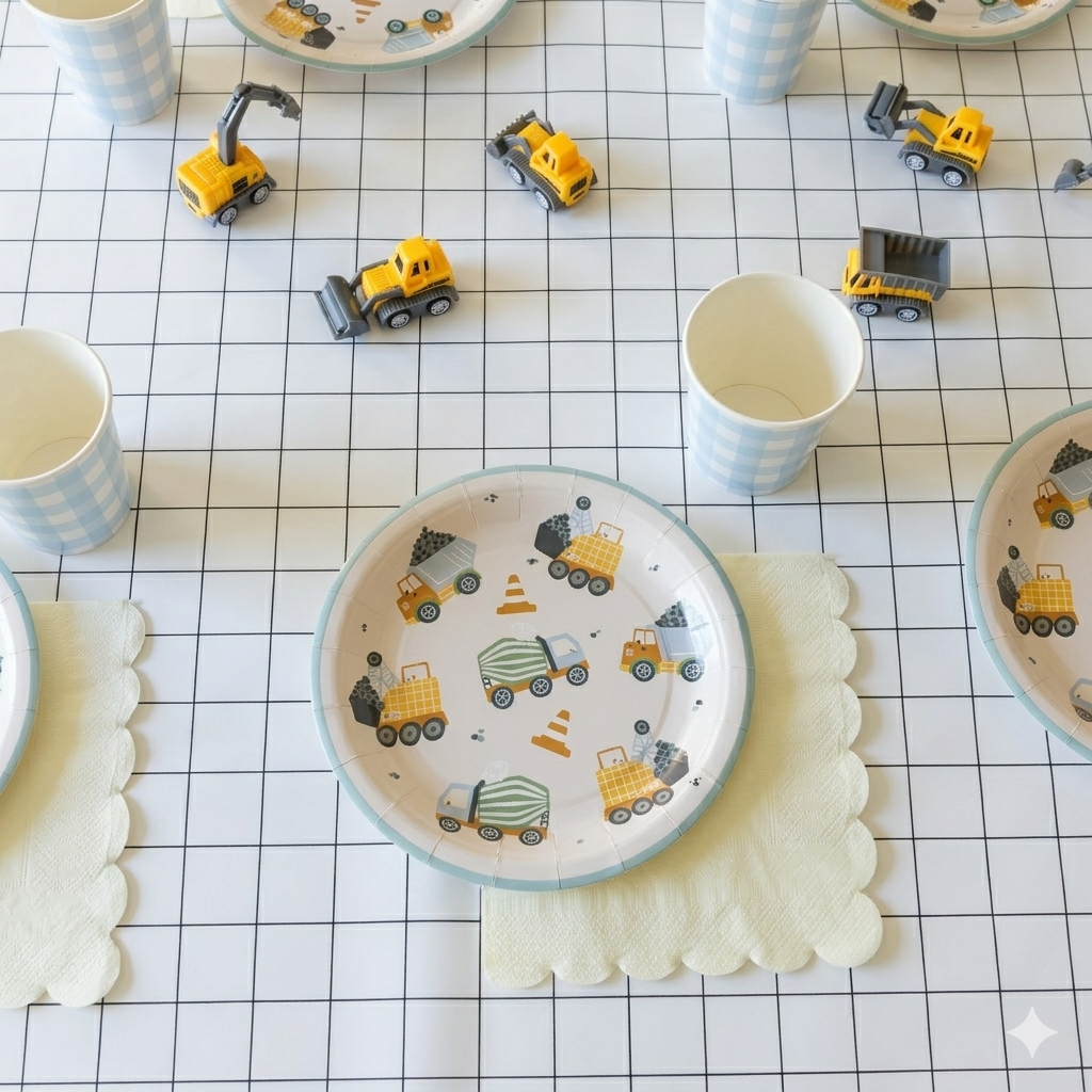 Primer plano de un plato de papel con temática de camiones de construcción, servilleta amarilla pastel con borde ondeado y vasos de cuadros azules sobre un mantel de cuadrícula con camiones de juguete.