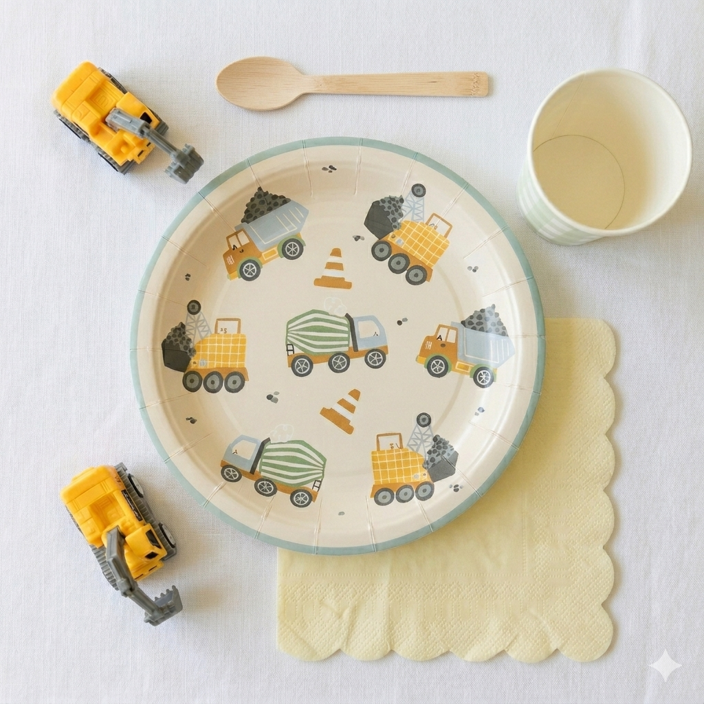 Foto profesional estilo flat lay de la decoración de una mesa para fiesta infantil de construcción con platos, vasos azules, servilletas amarillas caladas y camiones de juguete sobre un fondo de lino blanco perfectamente liso.