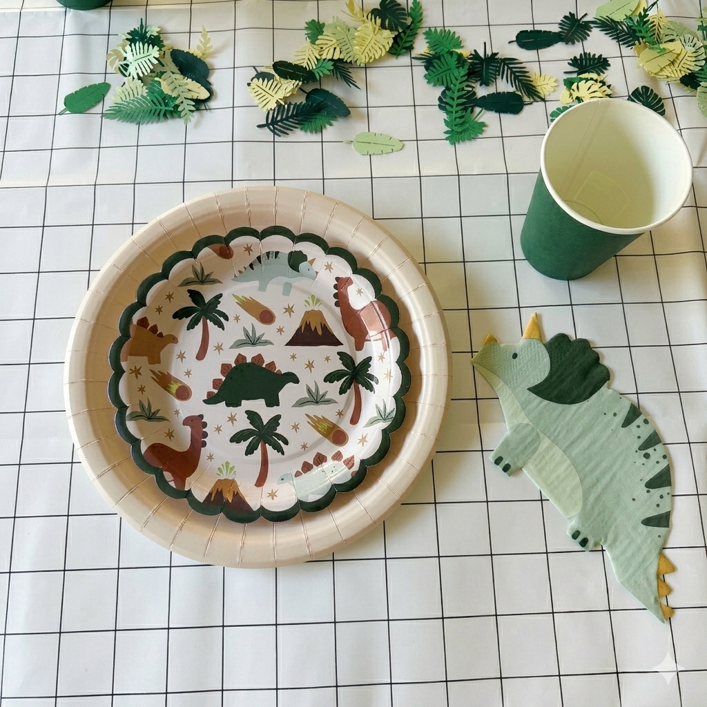Primer plano de un plato de papel con ilustraciones de dinosaurios prehistóricos, una servilleta con forma de triceratops y un vaso verde sobre mantel geométrico.