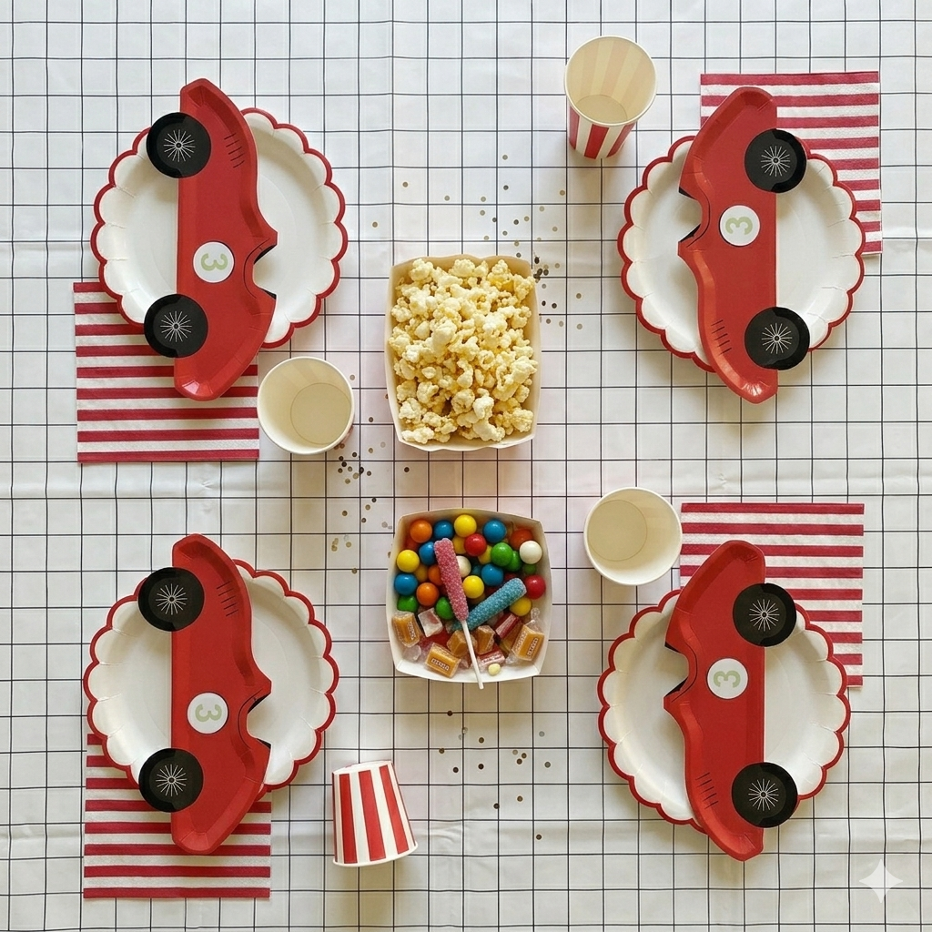 Vista superior completa de la decoración de mesa para fiesta infantil con temática de coches vintage, mostrando cuatro juegos de platos con forma de coche, vasos de rayas, servilletas y dos cajas de palomitas y caramelos.