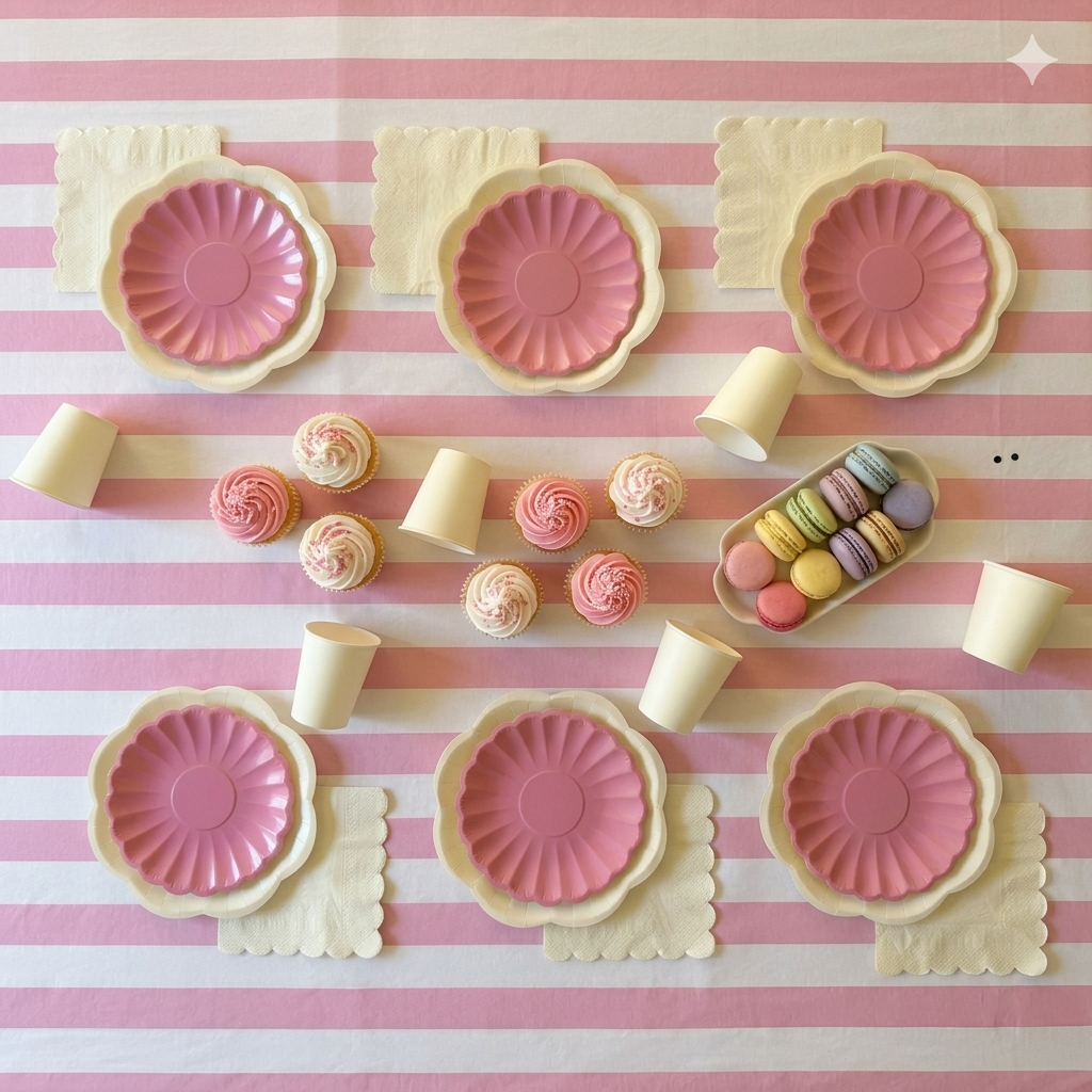 Vista superior de una decoración de mesa para fiesta infantil con temática "Fiesta en pastel - rosa", que muestra platos con bordes ondulados en tono rosa pastel y crema, vasos a juego, servilletas y una bandeja central con macarons franceses y cupcakes.