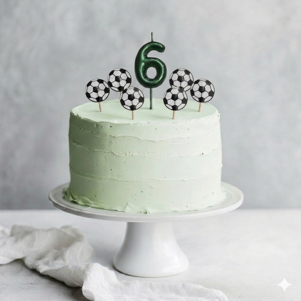 Tarta de cumpleaños infantil con cobertura de crema verde pastel, decorada con una vela metalizada con el número 6 y velas redondas con diseño de balones de fútbol tridimensionales.
