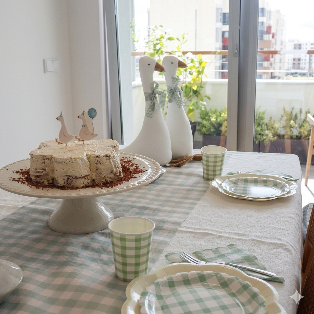 Tarta blanca con toppers de gansos ilustrados y platos coordinados en verde salvia y crema de la colección Silly Goose.