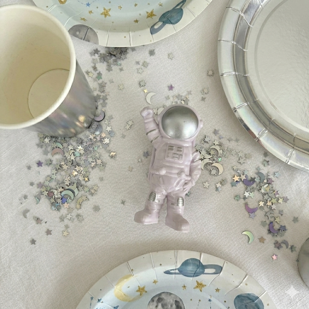 Detalle de mesa dulce con magdalenas decoradas con toppers de cohetes y astronautas sobre un plato plateado, rodeado de menaje de fiesta espacial.