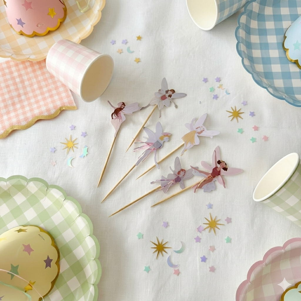 Vista aérea de una mesa de cumpleaños decorada con toppers para magdalenas en forma de hadas mágicas, rodeados de platos y vasos de colores pastel con estampado vichy y confeti de estrellas