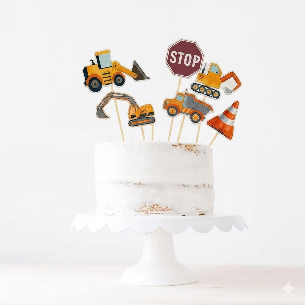 Fotografía de estudio de una tarta de cumpleaños blanca y minimalista en un soporte, decorada con toppers o adornos de camiones de construcción que incluyen una excavadora, un camión volquete y una señal de stop.