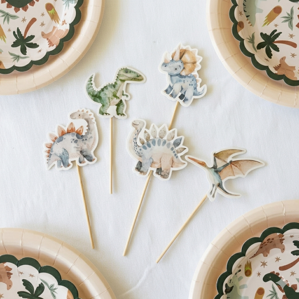 overhead view of five distinct wooden food picks featuring different cartoon dinosaurs (T-Rex, Triceratops, Brontosaurus, Stegosaurus, Pterodactyl) arranged on a white tablecloth with partial plates