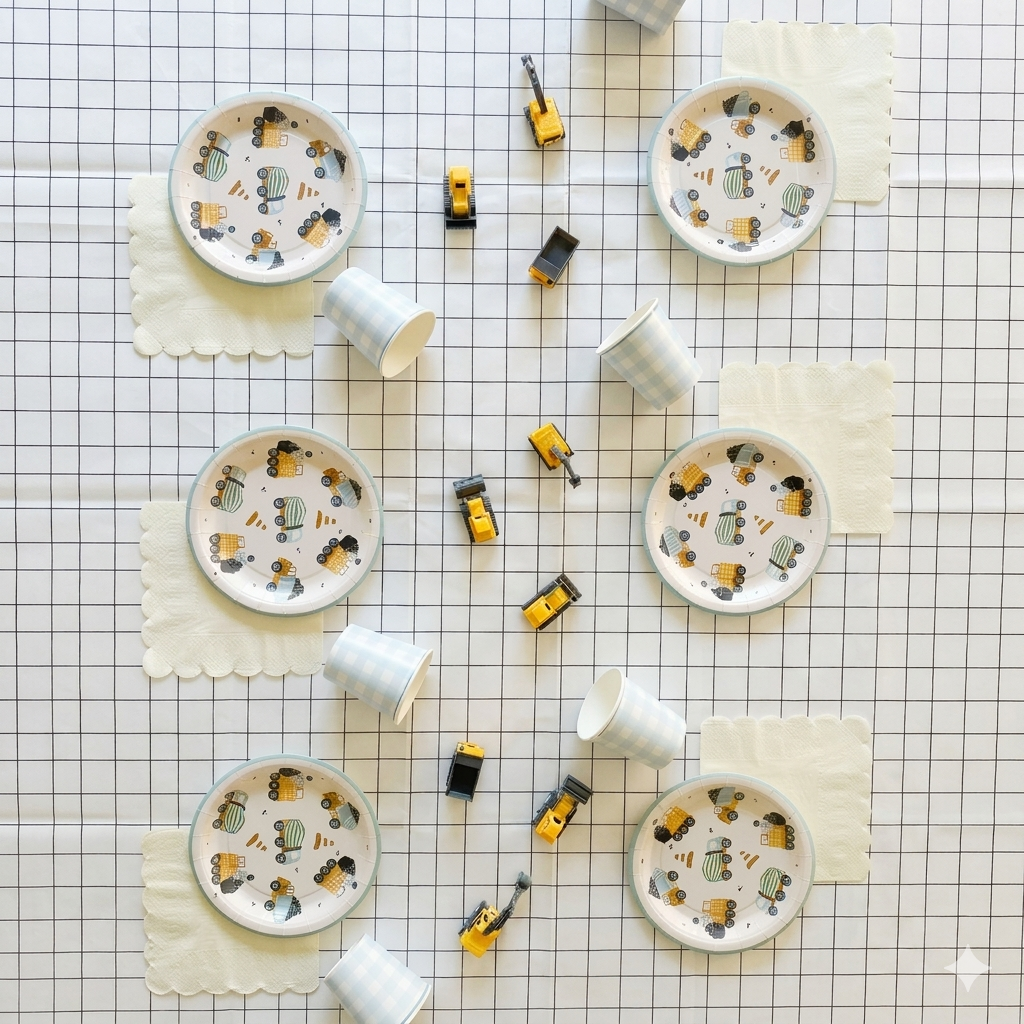 Flat lay product photography of a full kids birthday table setting featuring construction truck paper plates, blue checkered cups, and toy excavators on a black and white grid paper tablecloth.