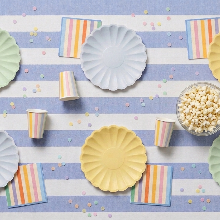 Vista aérea de una mesa decorada para fiesta infantil con platos ondulados en tonos pastel, vasos y servilletas a rayas de colores, acompañados de cuencos de cristal con palomitas y macarons sobre un mantel de rayas azules y blancas con confeti.