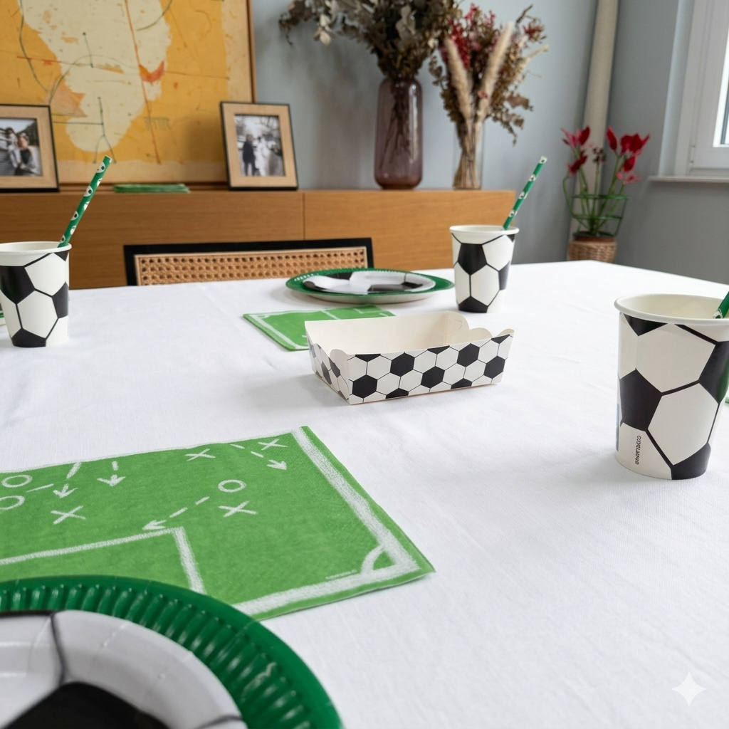 Primer plano de la vajilla de fiesta de fútbol con servilletas de campo de juego, vasos de balones y una bandeja pequeña temática sobre un mantel de lino blanco impecable.