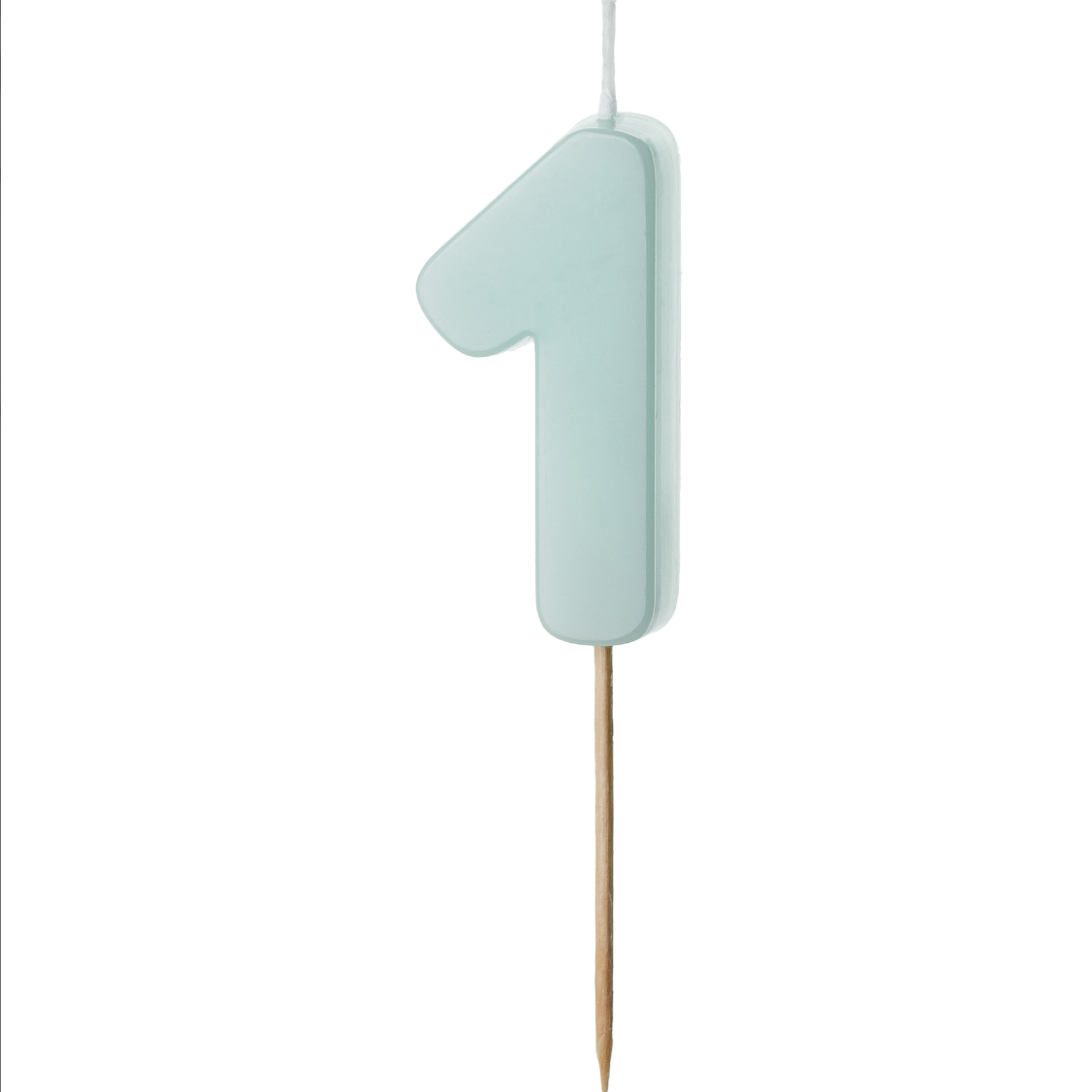 Vela de cumpleaños con forma de número en color pastel suave sobre fondo blanco número 1.