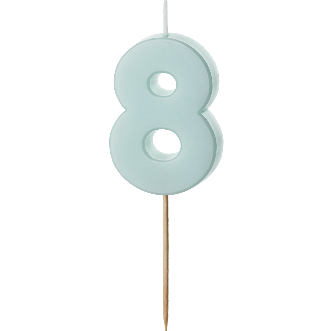Vela de cumpleaños con forma de número en color pastel suave sobre fondo blanco número 8.