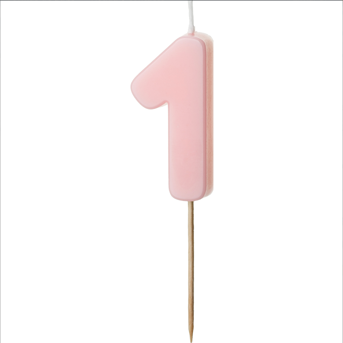 Vela de cumpleaños con forma de número en color pastel suave sobre fondo blanco número 1.