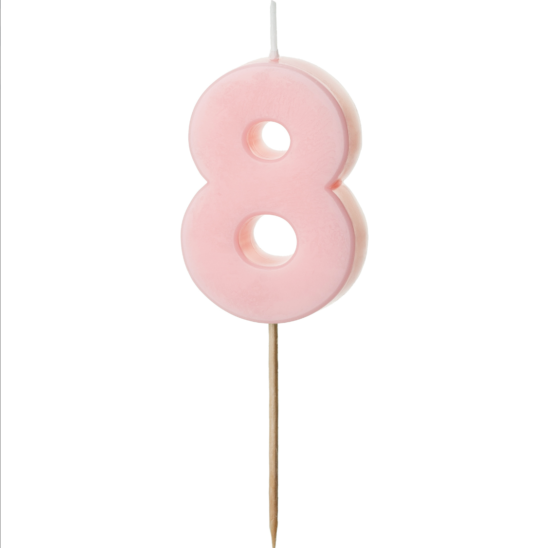 Vela de cumpleaños con forma de número en color pastel suave sobre fondo blanco número 8.