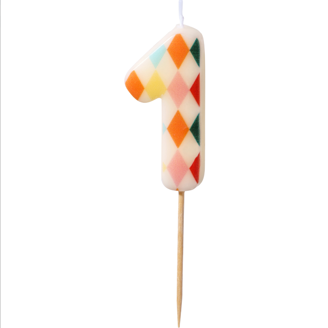 Vela de cumpleaños con forma de número y patrón colorido de rombos número 1.