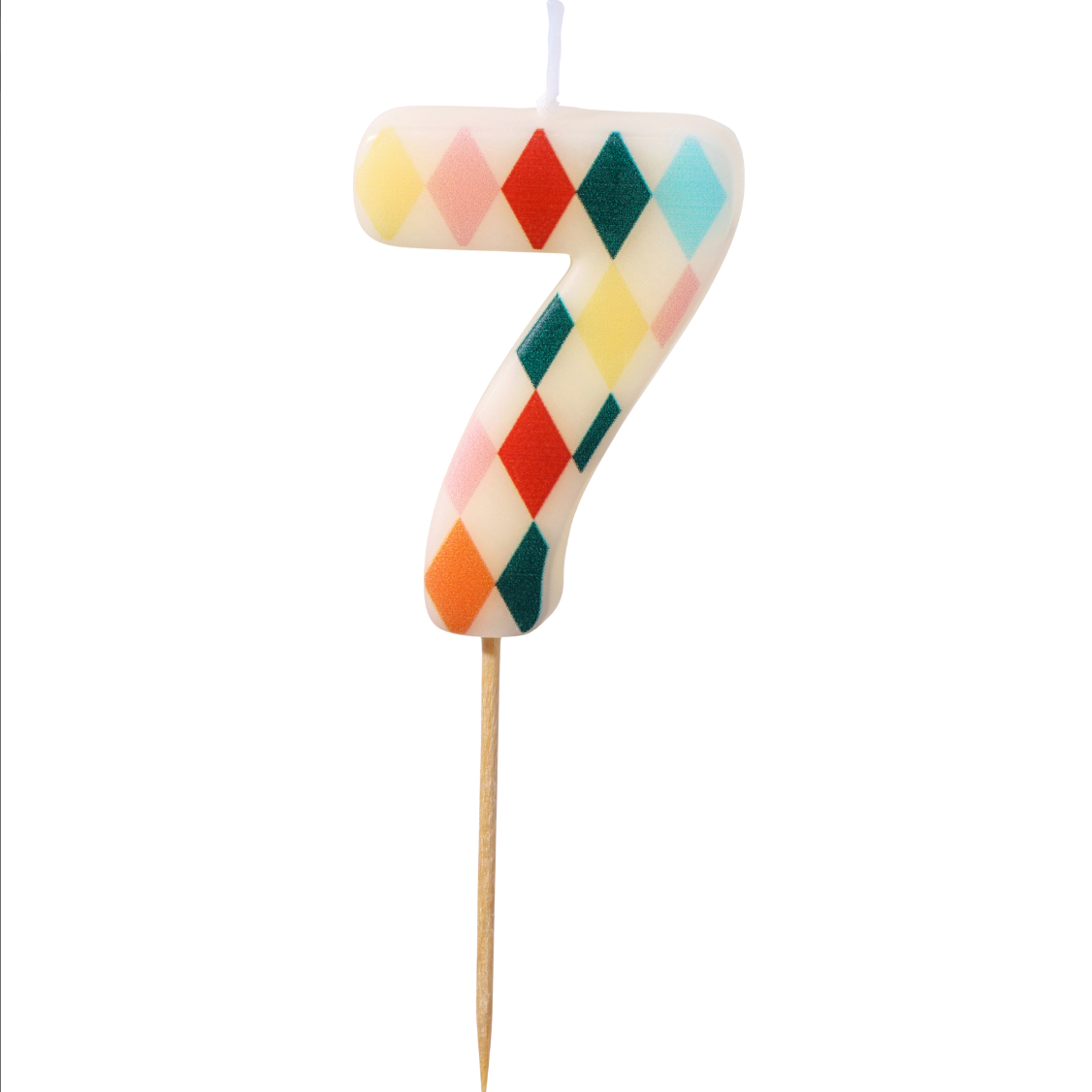 Vela de cumpleaños con forma de número y patrón colorido de rombos número 7.