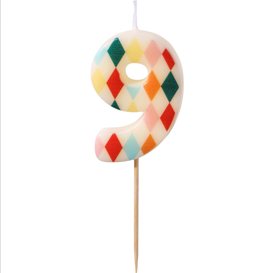 Vela de cumpleaños con forma de número y patrón colorido de rombos número 9.