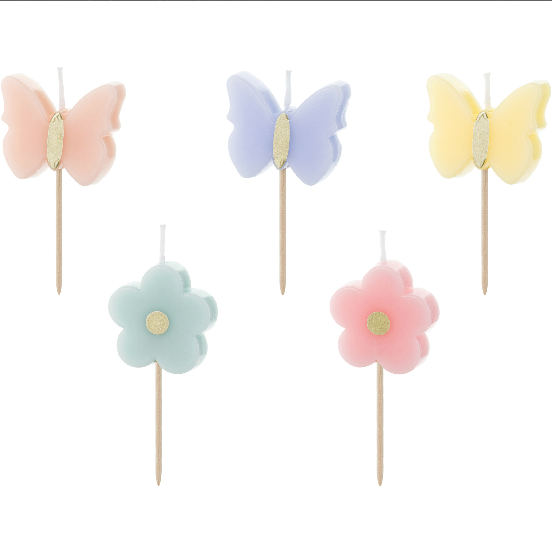 Set de cinco velas con forma de mariposa de colores para decorar tartas de fiesta